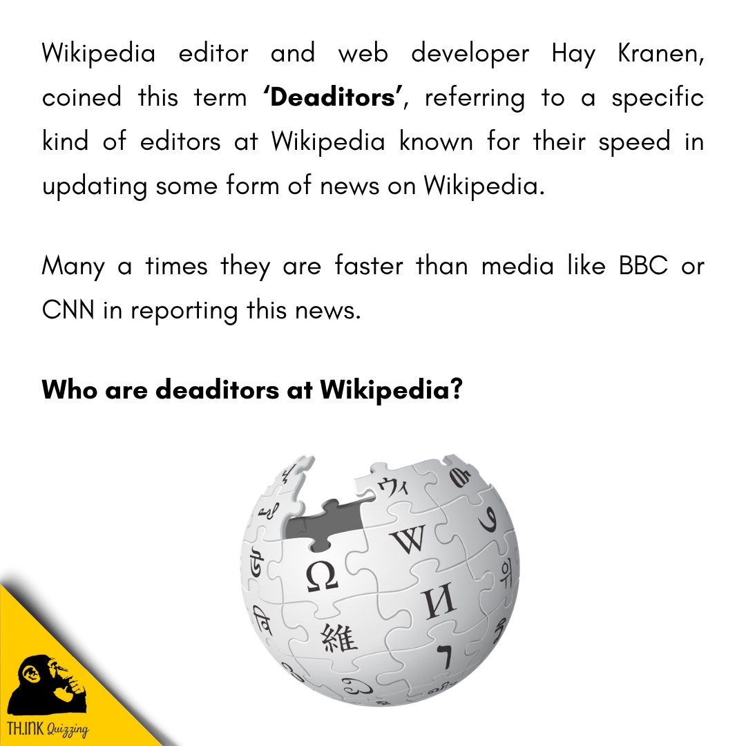 SridharHRS's tweet image. Quiz 1722) All of us use Wikipedia, but do we know who are 'deaditors' in Wikipedia?

#quiz #quizmaster #didyouknow #wikipedia