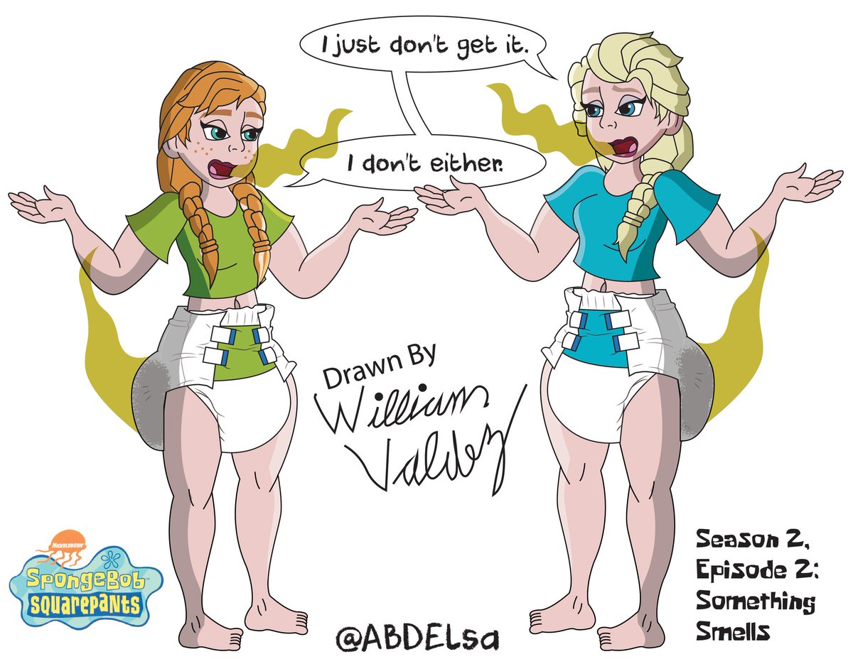 DiaperedElsa's tweet photo. A new month means a new #NSFW #ABDL #Frozen x #Spongebob #Fanart
is unlocked on #Twitter from my  #SubscribeStar for EVERYONE to see. Plus a new piece is on my @SubscribeStar today! At least...once it's approved. Here's Smelly Diapers. Paying homage to #SomethingSmells. With #Diapered #ABDElsa and ABDLAnna not understanding why people keep avoiding them. It CERTAINLY can't be their bad breath or Poopy Diapers. Hope you like it and as always...Stay Diapered! 🧷😊

-ABDElsa 🍼❄️