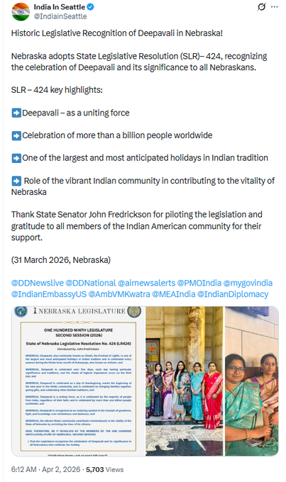 newsindia24x7_'s tweet image. सिएटल: नेब्रास्का में दीपावली को मिली मान्यता

🔹 Consulate General of India, Seattle का ट्वीट
🔹 नेब्रास्का ने राज्य विधायी प्रस्ताव SLR-424 अपनाया
🔹 Diwali के उत्सव को दी आधिकारिक मान्यता
🔹 सभी नेब्रास्कावासियों के लिए इसके महत्व को स्वीकार किया गया

@IndiainSeattle 
#Diwali