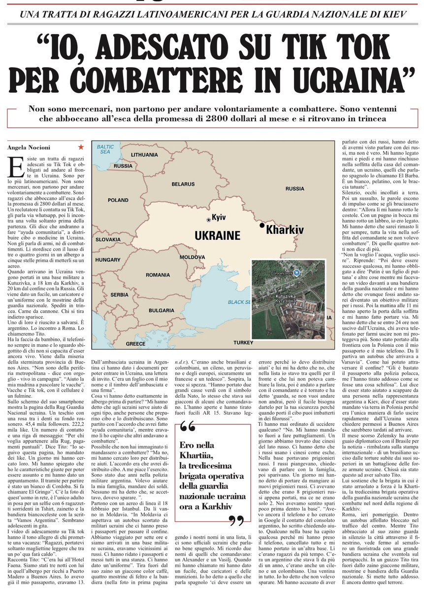 Io, adescato su Tik Tok per combattere in Ucraina
Abboccato all’esca di 2800 $ al mese si è trovato arruolato in trincea
Finalmente scappato dalla guardia nazionale di Kiev
Angela Nocioni, l’Unità