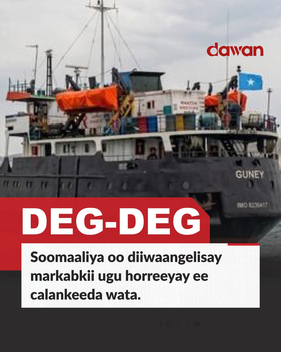 Dawan_tv's tweet photo. Dowladda Federaalka Soomaaliya ayaa sheegtay inay markii ugu horreysay tan iyo burburkii dowladdii dhexe diiwaangelisay markab qaata calanka Soomaaliya.
Wasaaradda Dekedaha iyo Gaadiidka Badda ayaa qoraal aya manata baahisay ku sheegtay in Arbacadii markabka “#Guney” oo summad tirsigiisu yahay (IMO 8230417) si rasmi ah loogu diiwaangeliyay calanka Soomaaliya, kadib dhameystirka shuruucda iyo nidaamyada diiwaangelinta maraakiibta dalka.
#Somalia