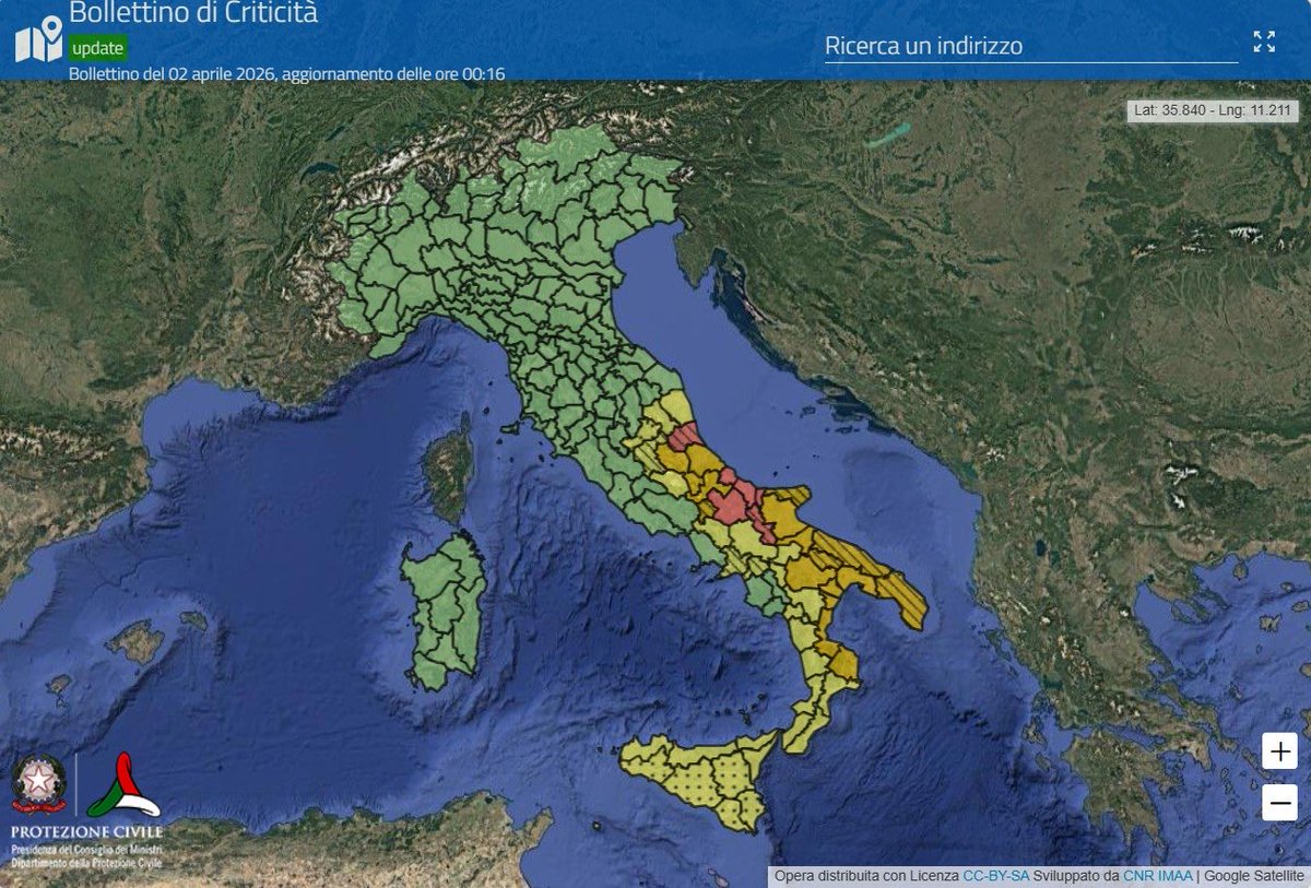 DPCgov's tweet photo. 🔁 aggiornamento #2aprile
🔔🔴 La Regione Puglia ha valutato #allertaROSSA su un ulteriore settore
🔔🟠 La Regione Basilicata ha valutato #allertaARANCIONE su un ulteriore settore
Consulta il bollettino aggiornato
👉 https://t.co/mE6sFKOFBq https://t.co/1a0hUd9c7s