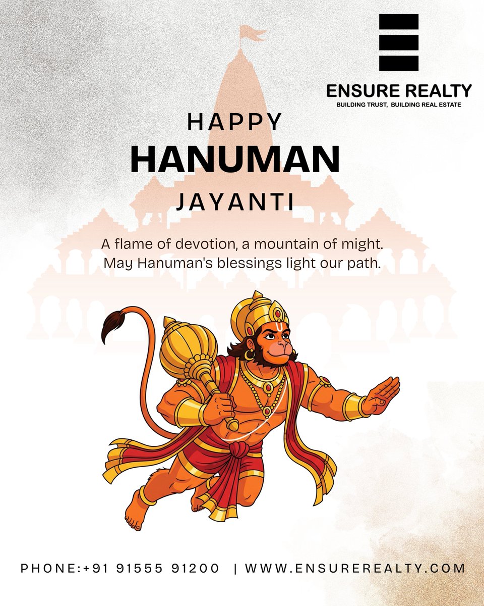 EnsureRealty's tweet photo. May Lord Hanuman bless you with strength, courage, and wisdom. Happy Hanuman Jayanti!

#HanumanJayanti #JaiHanuman #BajrangBali #LordHanuman #HanumanJi #RamBhaktHanuman #JaiShreeRam #Blessings #Faith #Devotion #HinduFestival #IndianFestival #SpiritualVibes #PositiveEnergy https://t.co/EFu0xZKCc6
