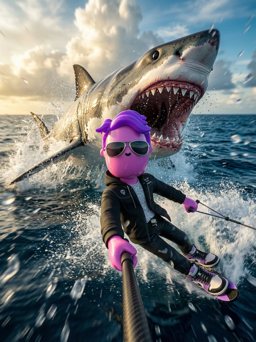 edizkan_'s tweet photo. Prompt Share 🚨
“Just one chill ride”
The ride: 🦈
Prompt 👇 (Recommended: Gemini Nano Banana)
A hyper-cinematic, extreme-perspective action shot of the uploaded reference character water skiing at violent speed across a deep blue ocean, chased by a massive great white shark erupting from the water directly behind them, mouth wide open in mid-attack. 🧬 LIKENESS INTEGRITY (CRITICAL) Preserve exactly: • proportions • eye shape, spacing, stylization • silhouette • material identity No redesign. No facial changes. No added features. 🌊 ACTION & THREAT DYNAMICS • The character is mid-carve at maximum speed, body pulled forward under intense rope tension • The rope extends forward out of frame, fully stretched • Behind them, a gigantic shark breaches upward, jaws fully open, frozen at the peak of attack • Teeth are visible but not exaggerated beyond realism • The shark is extremely close, occupying the same depth plane, creating immediate danger • Water explodes upward from both the ski carve and the shark breach The moment must feel like impact is milliseconds away. 📸 CAMERA & PERSPECTIVE (CRITICAL) Selfie-stick perspective: • Camera is held or mounted on the character’s extended limb • Ultra-wide 16–18mm lens • Slight upward tilt (8–12 degrees) • Character’s face dominates foreground, enlarged by lens distortion • One limb partially visible entering frame, implying camera grip • Shark rises diagonally from background into mid-plane, not centered • Horizon slightly tilted for instability The viewer feels inside the escape. 🎯 DEPTH OF FIELD (MANDATORY) • Character’s face = razor sharp focal plane • Shark’s head slightly softer but still readable • Background ocean and sky fall into progressive blur • Foreground droplets partially sharp, partially blurred 💥 FOREGROUND CHAOS (IMMERSION LAYER) • Water droplets and splashes hit near the lens • Some droplets streak across the frame • Spray partially occludes edges of the composition • Subtle lens water streaks allowed The frame must feel wet, violent, and unstable 🌅 ENVIRONMENT & SKY • Deep ocean with rich blue gradients and visible surface turbulence • Dramatic sky with towering clouds and strong sunlight breaking through • Subtle haze near horizon for depth separation 💡 LIGHTING • Hard directional sunlight from side or rear-quarter angle • Strong rim light outlining both character and shark silhouette • Specular highlights on water spray and shark skin • Deep shadow pockets under the shark’s jaw and character 🎨 COLOR CONTROL • Deep ocean blues and turquoise tones • Shark slightly desaturated for realism • Warm golden sunlight contrast in sky • Controlled highlights, no overexposure 🌊 SURFACE & TEXTURE • Hyper-detailed water splash physics • Foam, droplets, turbulence in focal plane • Shark skin texture visible but not over-sharpened • Character materials preserved exactly 🔥 EMOTION Predator vs survival. The viewer feels the chase, not just sees it. This is the last second before impact. 🚫 NEGATIVE CONSTRAINTS No centered composition No safe distance between shark and character No calm water No upright relaxed pose No flat lighting No evenly sharp image No cartoon exaggeration ar 4:5