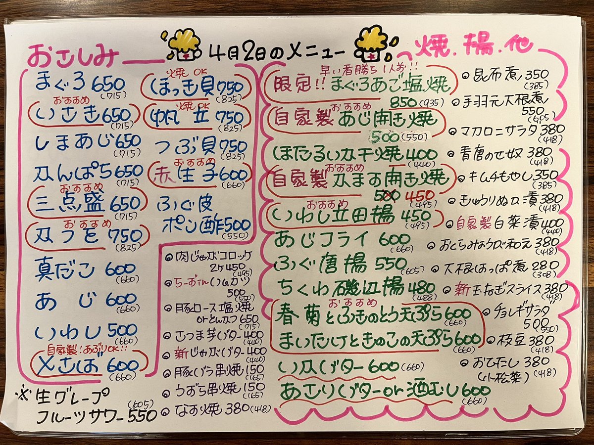 isokichi_fuchu's tweet photo. 本日のおすすめです🍻

✨かつを
✨いさき
✨限定まぐろあご塩焼き
✨自家製あじ開き
✨自家製かます開き
✨いわし竜田揚げ
✨etc…

お待ちしてます🍻🐟 https://t.co/liM36zyJpM