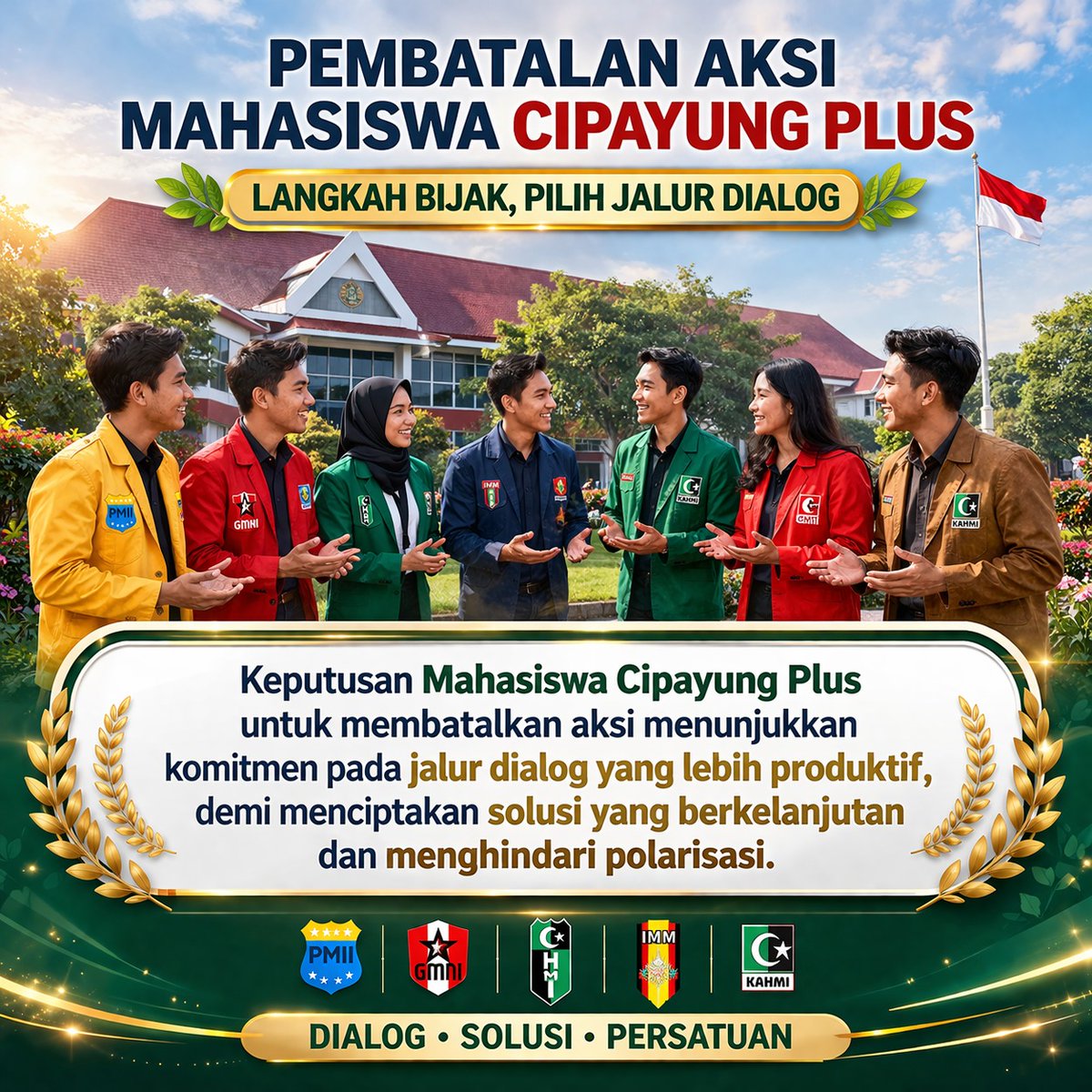 Menyuarakan aspirasi tidak harus selalu dengan turun ke jalan. Pembatalan aksi oleh Cipayung Plus adalah langkah strategis untuk menjaga stabilitas bangsa sambil tetap memastikan suara rakyat didengar. Mari kedepankan dialog untuk mencari jalan keluar! 
#StopProvokasi
