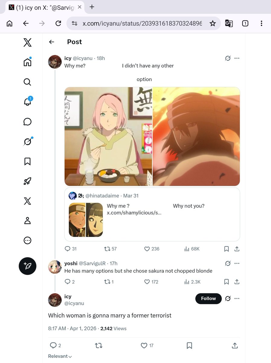 Lovelyysano's tweet photo. It’s funny how you complain about Sakura marrying a former terrorist, yet you waste no time pairing Hinata with that same former terrorist. Hinatards even have an “h” in their name — h for hypocrites.😬😬 https://t.co/IvqilxRc9p