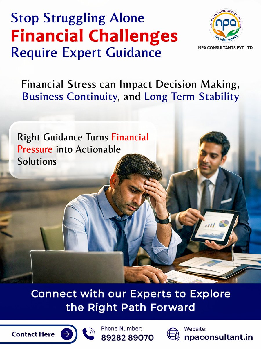 npaconsultant's tweet image. Financial Challenges can Cloud Decisions, Slow Growth &amp;amp; Impact Business Continuity🌟
The Right Guidance can Help Transform Financial Pressure into Practical, Structured Solutions!

📞89282 89070
🌐npaconsultant.in

#FinancialGuidance #BusinessRecovery #FinancialStability