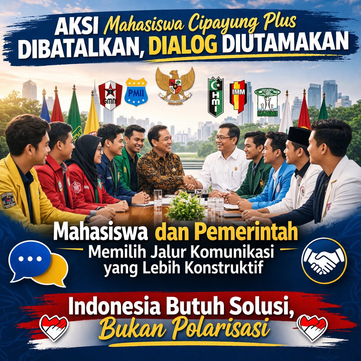 Langkah bijak dari rekan-rekan Mahasiswa Cipayung Plus! Membatalkan aksi bukan berarti aspirasi mati, melainkan wujud komitmen pada jalur dialog yang lebih produktif. Ini semua demi terciptanya solusi yang berkelanjutan bagi masyarakat
#StopProvokasi
#AksiDibatalkan