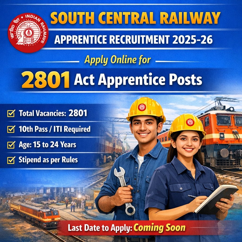 aqubes_sarkari's tweet image. South Central Railway Apprentice Recruitment 2025-26 – 2801 Posts | Aqubes.com

👉 Apply Now: shorturl.at/Q4hnD
#RailwayJobs #SCRApprentice2026 #ApprenticeJobs #ITIJobs #10thPassJobs #IndianRailways #GovtJobs #SarkariNaukri #JobAlert #AqubesSarkariJobs