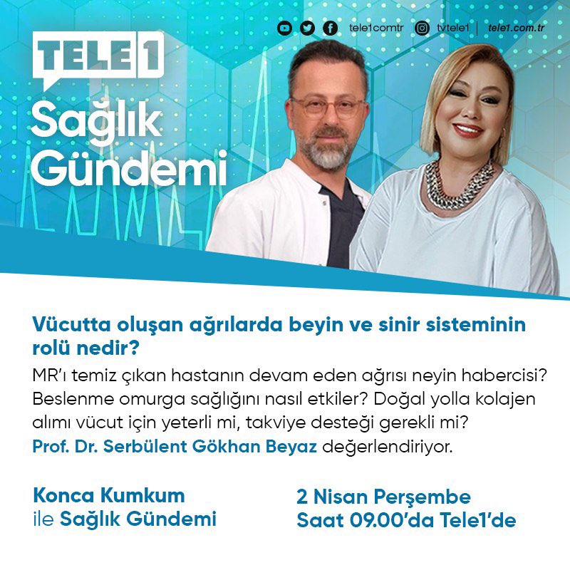 profdrsgbeyaz's tweet photo. MR temiz ama ağrı devam ediyorsa… sorun sadece fıtık değildir.
Beyin ve sinir sistemi bu işin tam merkezinde.

Beslenme, kolajen, kronik ağrı… hepsini konuştuk.

📺 Sağlık Gündemi – Tele1
🗓️ 2 Nisan Perşembe 09:00

@tele1comtr @konca_kumkum https://t.co/RsivAQGBZ6