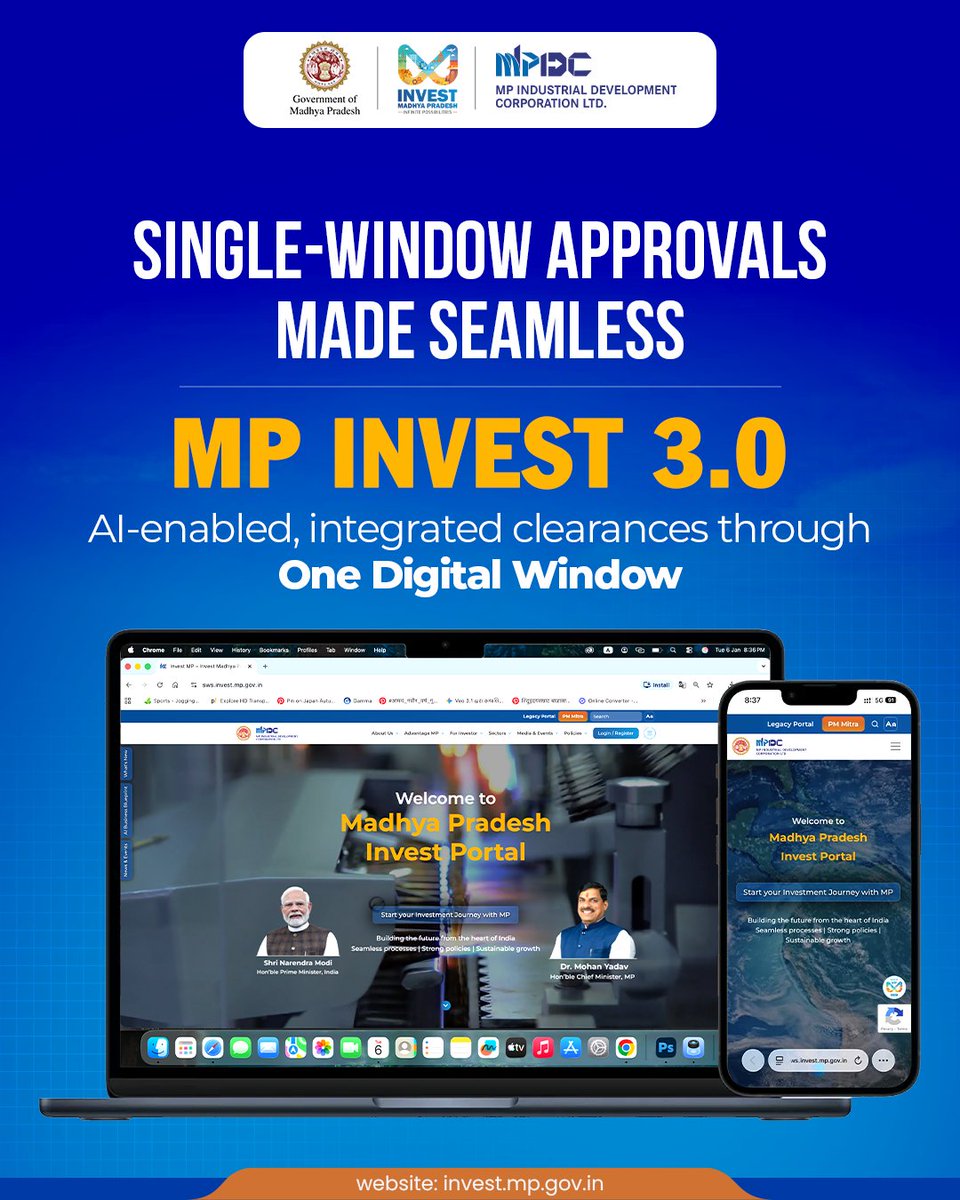 MPIDC's tweet photo. MP Invest 3.0 redefines ease of doing business by enabling faster, smarter, and transparent approvals through a unified digital ecosystem.

Visit: https://t.co/gW2jvDeNCC

#MPInvest30 #EaseOfDoingBusiness #InvestorFriendlyMP #DigitalGovernance #SingleWindowSystem #MPIDC #MadhyaPradesh #InfinitePossibilities