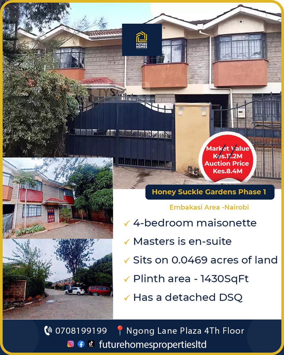 fourpointrealt's tweet photo. Honey Suckle Gardens Phase 1 Embakasi Area -Nairobi 

💰Price: kes.8.4M against a Market Value Kes.11M

📍Embakasi Area -Nairobi 

Features 
✔️4-bedroom maisonette
✔️Masters is en-suite
✔️Sits on 0.0469 acres of land 
✔️Plinth area - 1430SqFt
✔️Has a detached DSQ https://t.co/XPoPiPDeK5