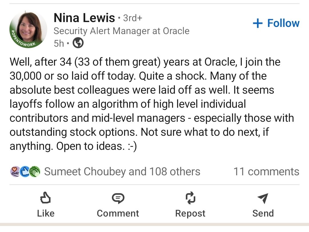 In other sectors more experience you've, more powerful you become

In tech it's opposite, the technology is changing so rapidly that when layoffs come, mostly the senior and mid level employees get affected. She had 33 years experience at Oracle.