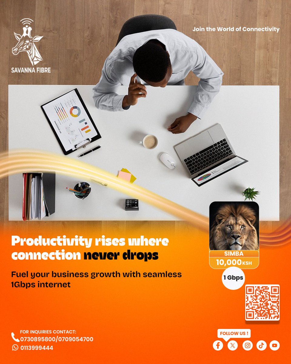 savannafibreke's tweet photo. Productivity rises where connection never drops.
Fuel your business growth with seamless 1 Gbps internet from Savanna Fibre
#SavannaFibre #1Gbps #BusinessInternet #FastInternetKE #StayConnectedKE https://t.co/6A6dCe2QxC