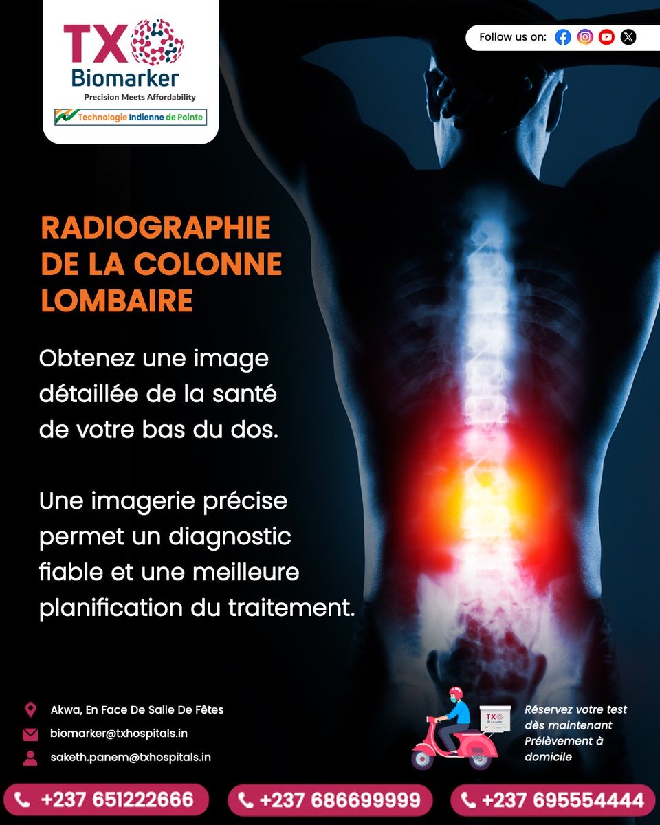 TxBiomarker's tweet photo. 🔎 Radiographie lombaire : diagnostic précis pour vos douleurs du dos.

✔️ Détection rapide | ✔️ Traitement adapté

📍 Akwa
📩 biomarker@txhospitals.in | saketh.panem@txhospitals.in
📞 +237 651222666 | +237 686699999 | +237 695554444

#Radiographie #SantéDuDos #MedicalImaging https://t.co/BqIGXX4qab