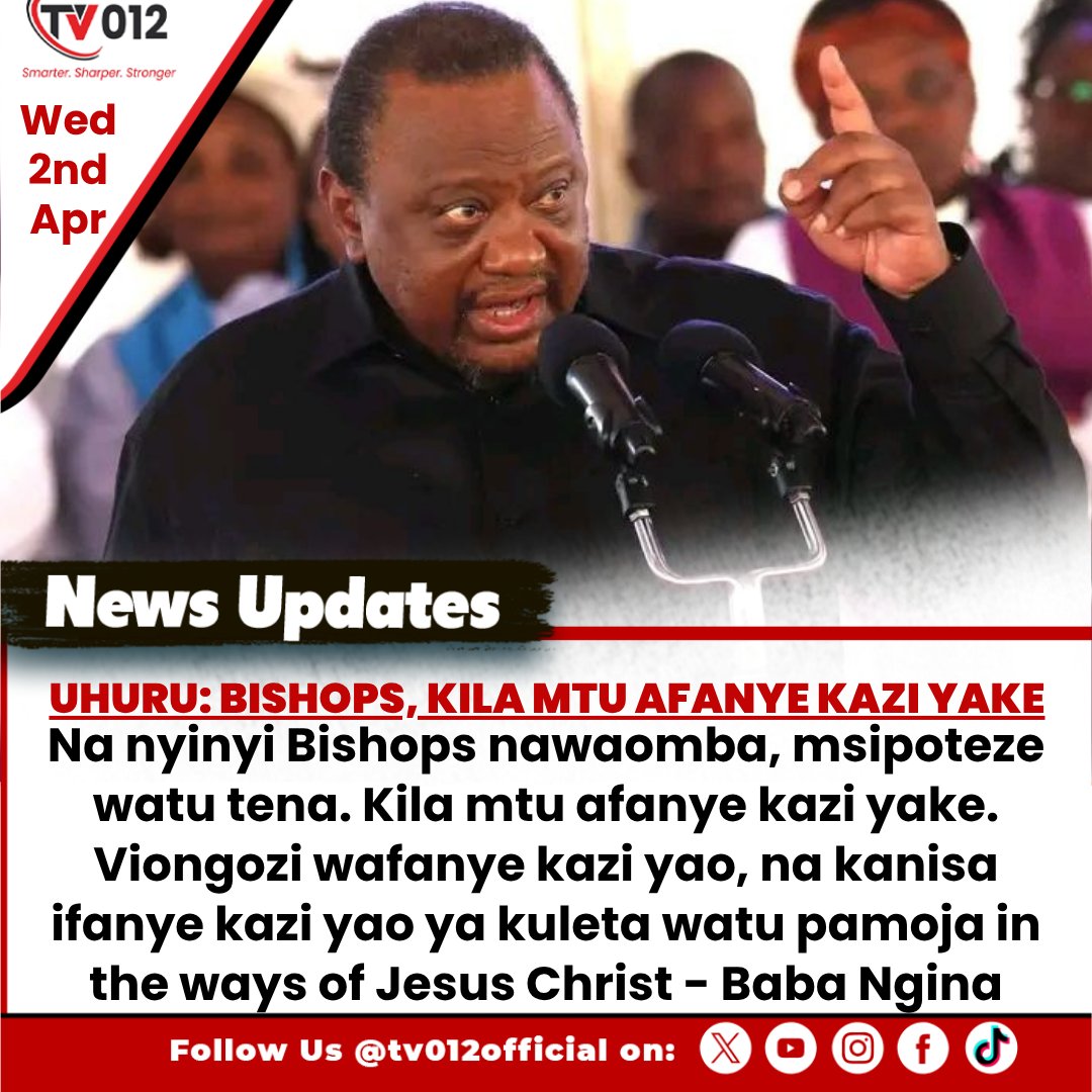 tv012official's tweet image. UHURU: KANISA LISIPOTEZE WATU

Former President Uhuru Kenyatta has urged bishops to remain true to their mission, warning against straying into politics.

#UhuruKenyatta #ChurchLeadership #FaithAndUnity #KenyaPolitics #tv012newsupdate