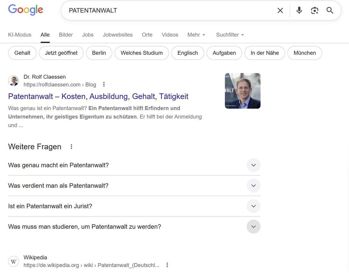 rclaessen's tweet photo. Nummer 1 auf Google für "Patentanwalt" noch vor Wikipedia und "Weitere Fragen"

Wow! Ich bin echt geflashed. Hätte nicht gedacht, dass man Wikipedia auf Google überholen kann.  Im Inkognito - Tab scheine ich jetzt auf Google auf Nummer 1 zu stehen.. Die Arbeit hat sich gelohnt. https://t.co/ZU9A8WARHc