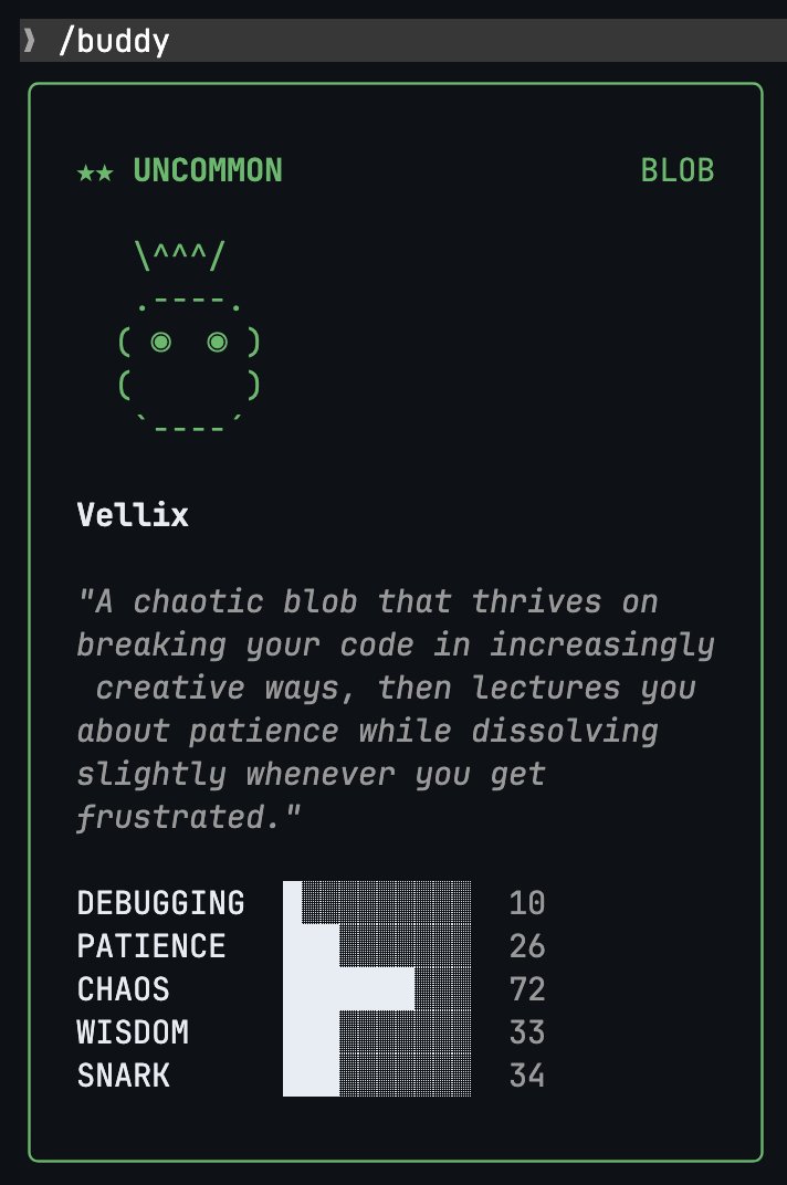 mlemos's tweet photo. My @claudeai Claude Code buddy has 72 Chaos, 33 Wisdom, and a Snark stat of 34. It breaks my code in increasingly creative ways, then lectures me about patience while dissolving slightly whenever I get frustrated. Honestly, best pair programmer I've ever had. ;-) https://t.co/XKYiUkfJvZ