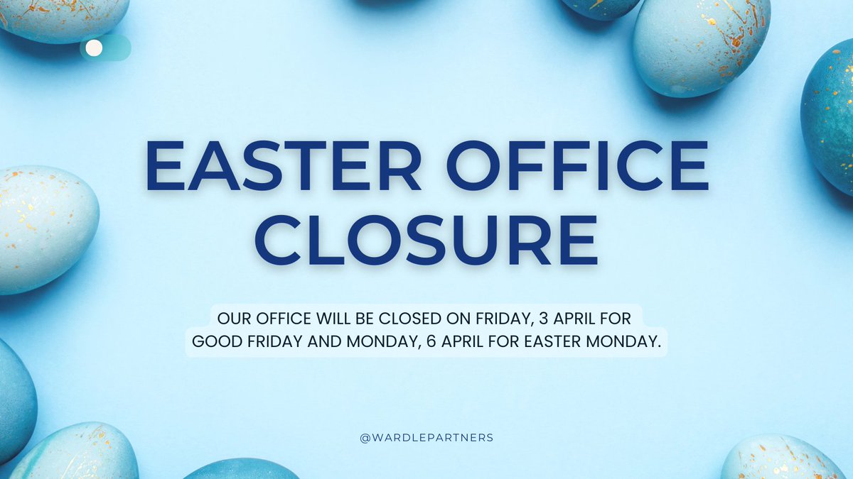 WardlePartners's tweet photo. Our office will be closed:

Closed Fri 3 April &amp; Mon 6 April 
Back Tuesday 
 
Happy Easter.
#Easter https://t.co/z62AZpIZmj