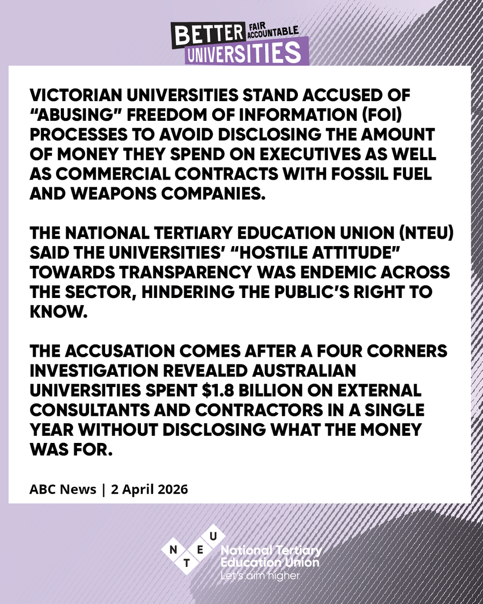 NTEUnion's tweet photo. Just days after Four Corners exposed $1.8 billion in consultant spending, we're now seeing universities hire external lawyers to block basic salary transparency.

Staff and students deserve transparency and answers.

📰 Read the article: https://t.co/t2jGiUR4lZ https://t.co/3G73Tw3hz0