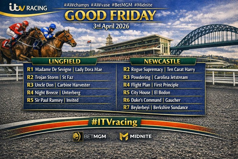 dmburgess85's tweet photo. Busy day ahead tomorrow as the all-weather finals day at NEWCASTLE &amp; all-weather champions vase day at LINGFIELD awaits us. Competitive fields, wishing you the best of luck. Have a great day &amp; Easter weekend. #ITVracing #AWchamps #AWvase #BetMGM #Midnite #GoodFriday #EasterSunday https://t.co/Lrb7ZzZH8F