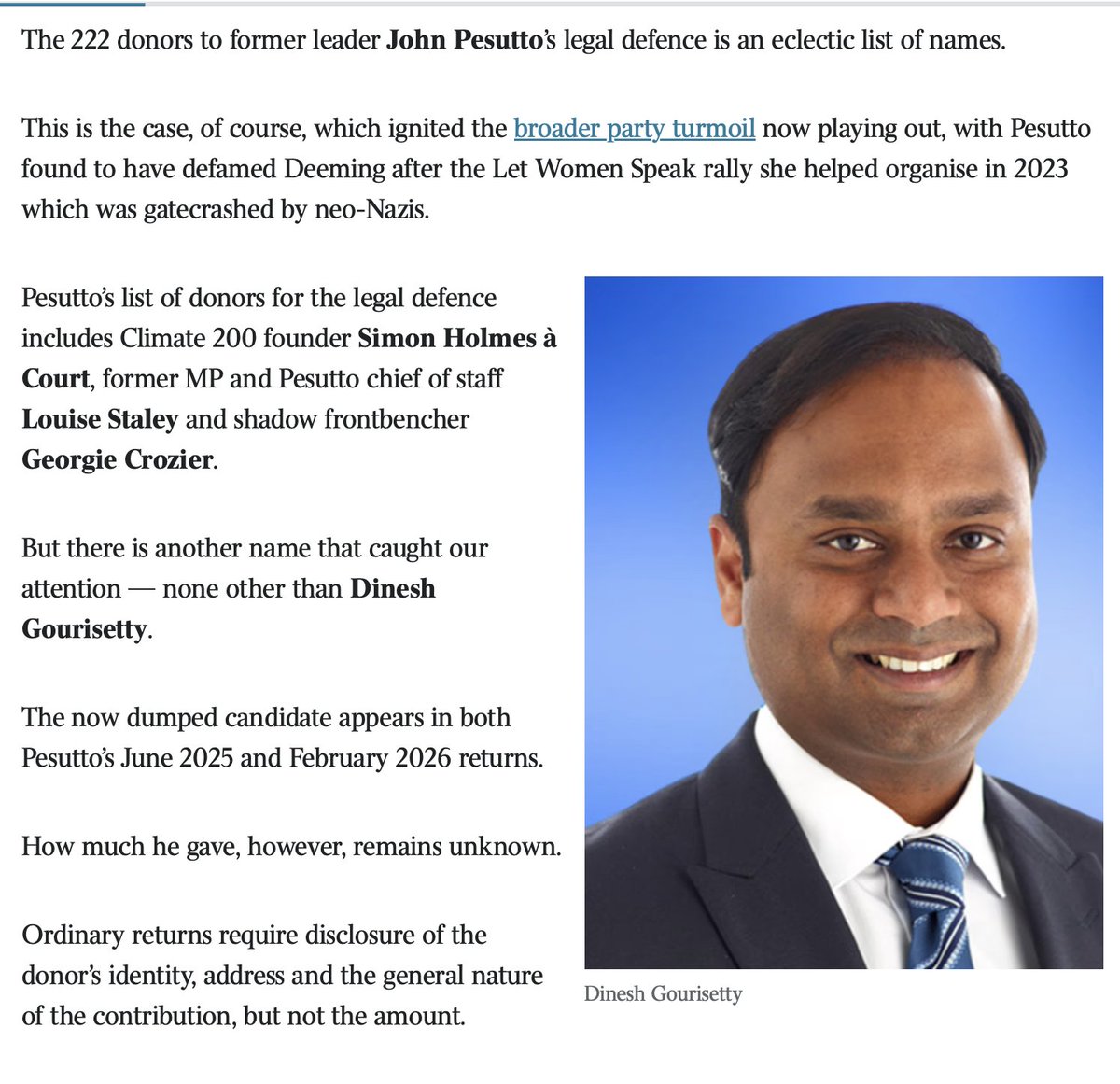 There is a great irony in the central figure behind Climate 200 contributing to Pesutto’s cause, since Climate 200 actively &amp; generously financed ‘independent’ candidates running against sitting Liberals at the last federal election.......