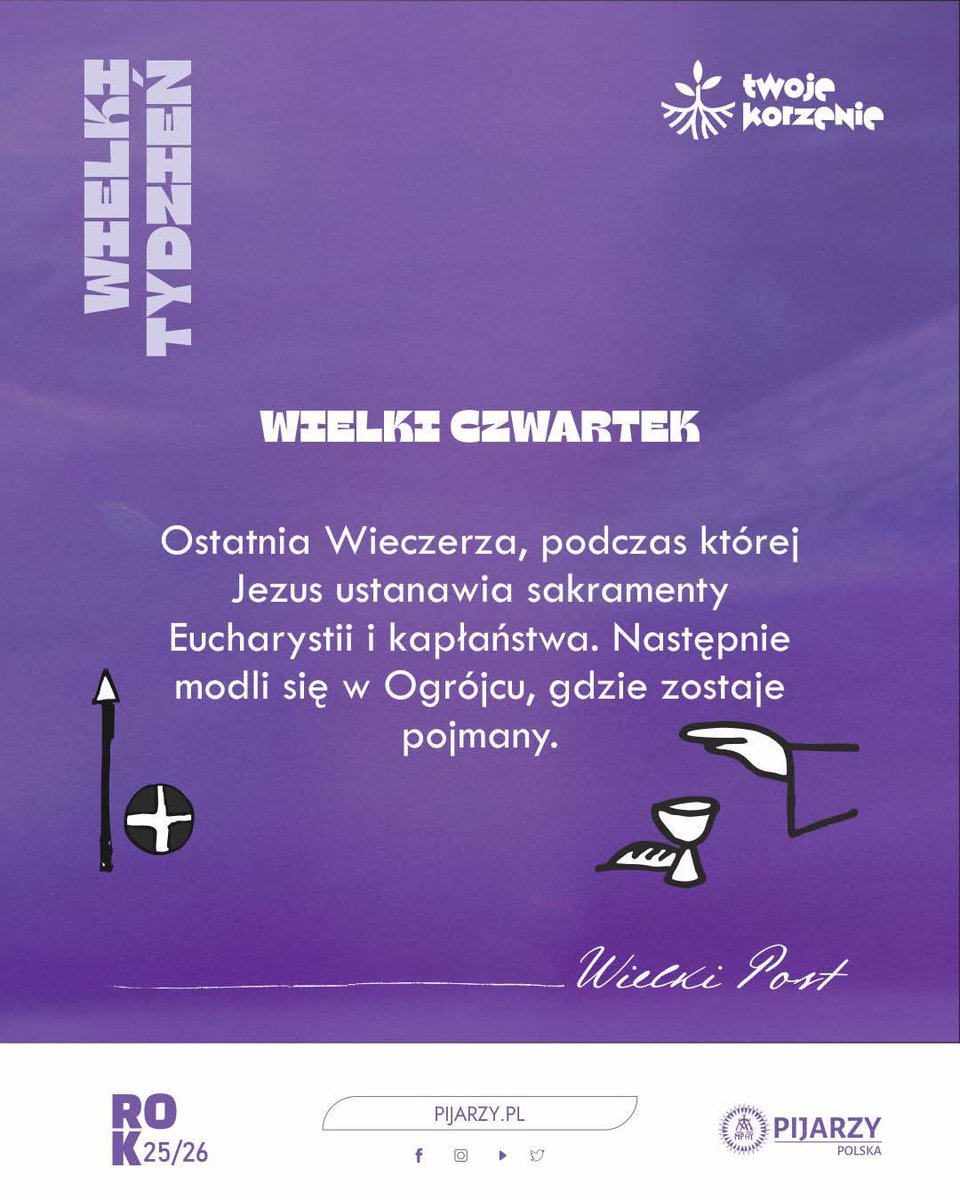 pijarzy's tweet photo. Wieki Czwartek

J 13, 4-5
[…] wstał od wieczerzy i złożył szaty. A wziąwszy prześcieradło, nim się przepasał. Potem nalał wody do misy. I zaczął obmywać uczniom nogi i ocierać prześcieradłem, którym był przepasany.

#Triduum #WielkiCzwartek https://t.co/Ke9SdpfHR8
