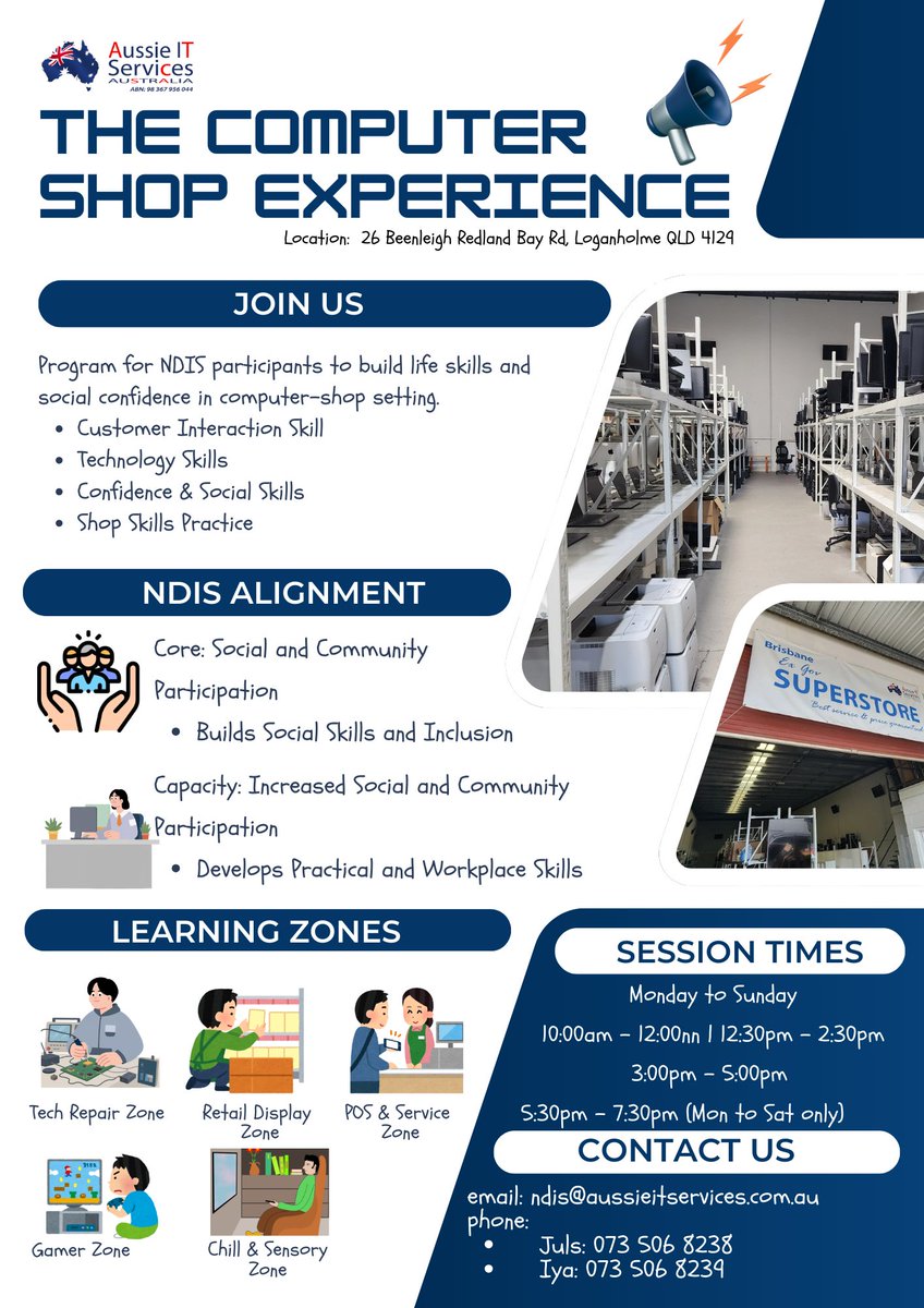 aussieitservice's tweet photo. π· The Computer Shop Experience | NDIS Skill-Building Program in Loganholme
π· Enquire now: ndis@aussieitservices.com.au
π· Call: 073 506 8238 / 073 506 8239
#NDISLoganholme #ndissocialskills #lifeskillsdevelopment #computerskills
#NDISParticipants #aussieitservicesaustralia https://t.co/pjZpPp7TQC