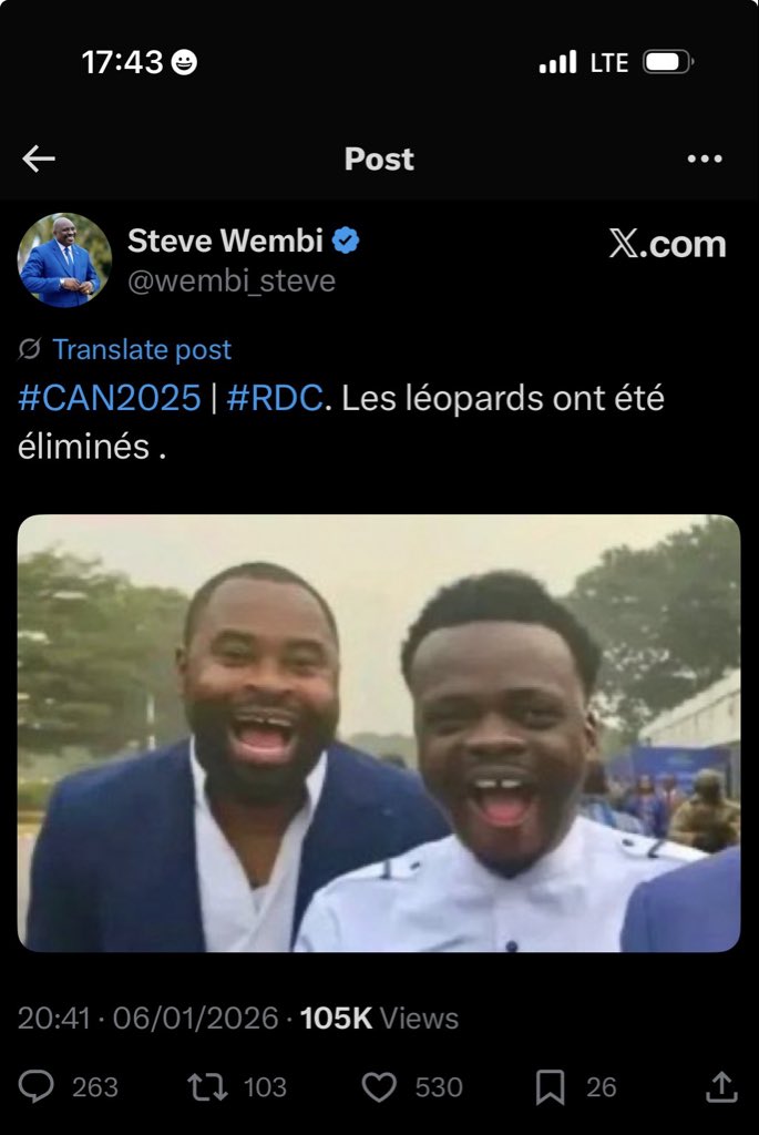 SBacigale's tweet photo. @wembi_steve Nous n’avons pas encore oublié ton tweet de joie quand les Léopards étaient éliminés à la CAN… Rien d’étonnant ! https://t.co/1sKzfc5yFU