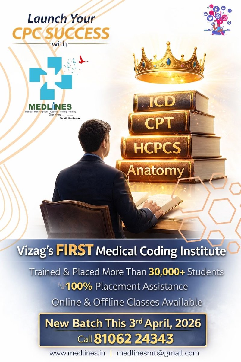 medlines's tweet photo. #Medlines #pioneersinmedicalcodingtraining #bestmedicalcodinginstituteinvisakhapatnam #bestmedicalcodingtraining #cpcexam #onlinemedicalcodingtraining #offlinemedicalcodingtraining #medicalcodingjobs #icd #cpt #HCPCS #codingguidelines https://t.co/4KBMCjhXTb