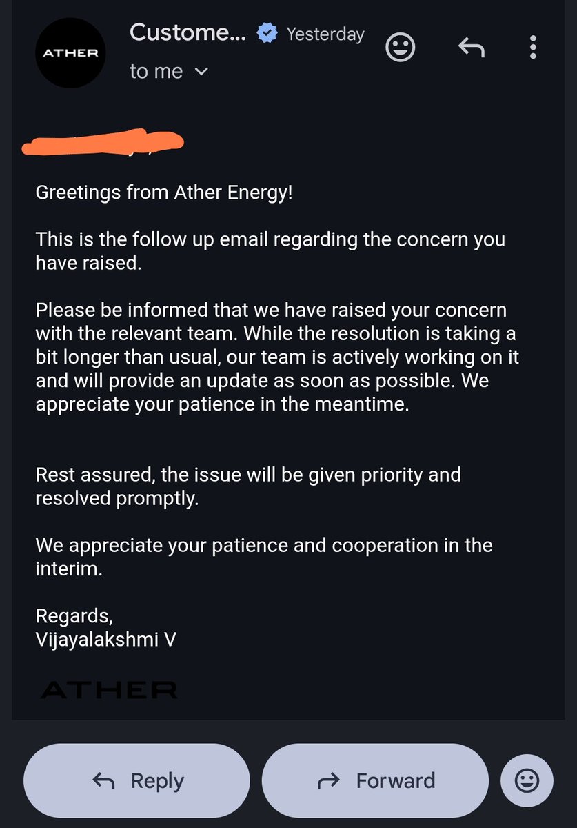 Chinmayb2003's tweet image. Imagine visiting a service center for 1 year for the same issue
my Ather scooter’s brake noise started after a few days of the date of purchase
still not fixed
multiple visits → no result. hours wasted
“We’ll update you” - that’s it.
#AtherEnergy #PoorService #CustomerComplaint