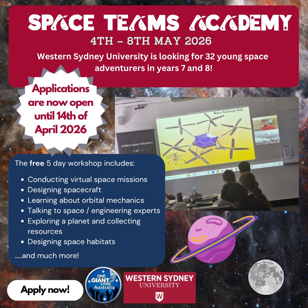 onegiantleapoz's tweet image. 🚀 Ready for a space mission? Supported by @westernsydneyu Space Teams Academy takes off, May 4–8! Apply now: ow.ly/Qiyi50YC5wX #STEM #SpaceEducation #FutureAstronauts #SpaceTeamsAcademy #OneGiantLeapOz #STEMEducation #SpaceExploration