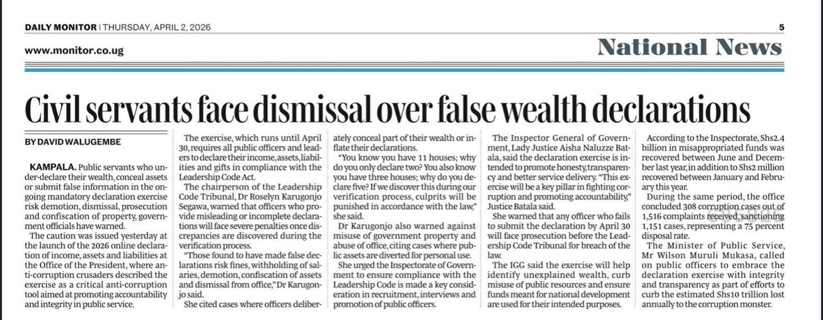 LeadershipCodeT's tweet image. In today's @DailyMonitor 

#Accountability
#Transparency