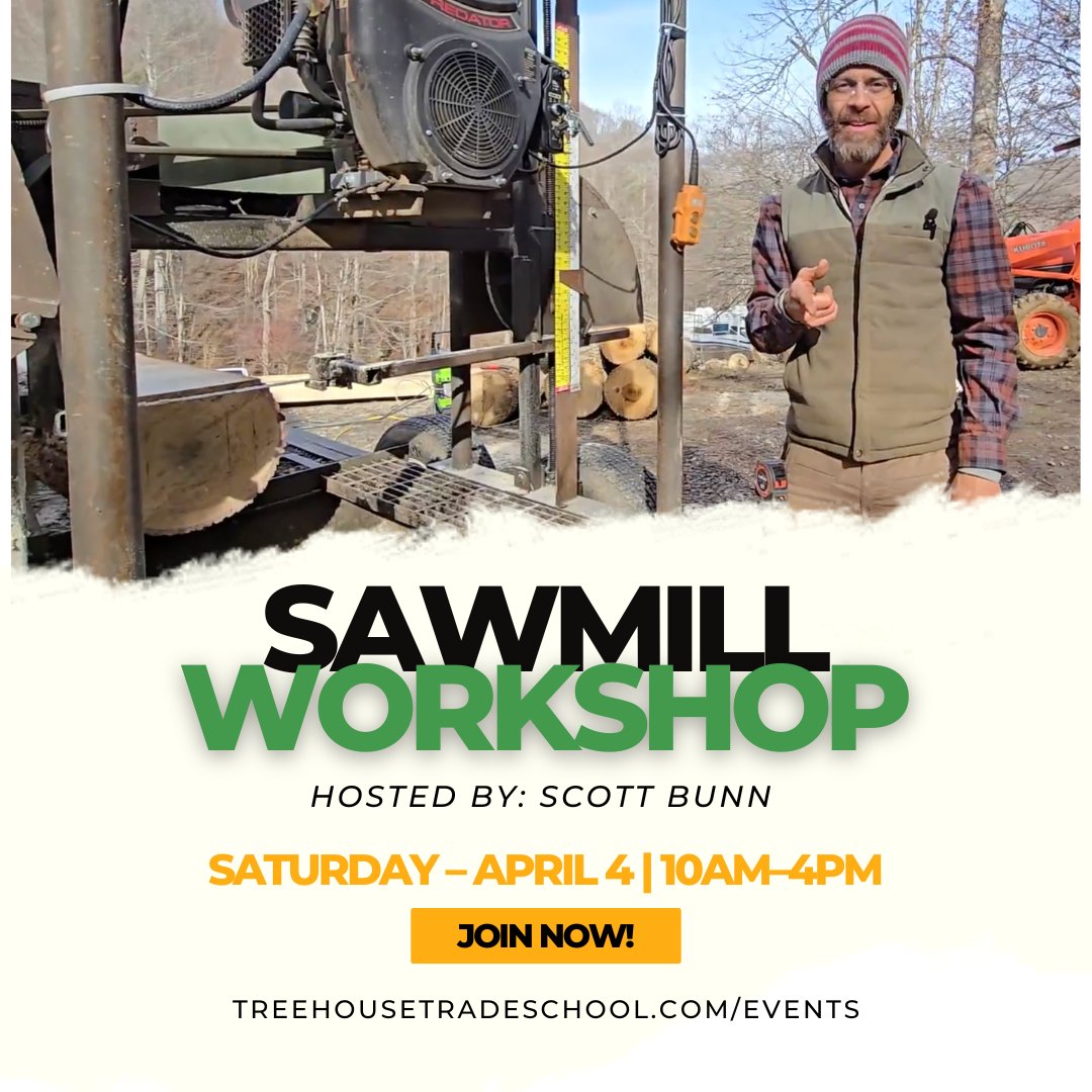 SenecaTreehouse's tweet photo. Sawmill Workshop 🌿🪵 | April 4, 10AM–4PM
Hands-on sawmilling with Scott Bunn at the Seneca Treehouse Project.
Learn practical skills + sustainable building.

Limited spots link in bio.
#DIY #Permaculture #Homesteading #OffGrid #HandsOnLearning https://t.co/v3GmaRMfbT