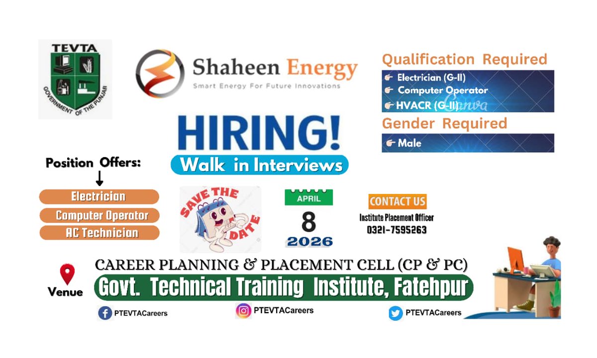𝐖𝐚𝐥𝐤-𝐢𝐧 𝐈𝐧𝐭𝐞𝐫𝐯𝐢𝐞𝐰 𝐎𝐩𝐩𝐨𝐫𝐭𝐮𝐧𝐢𝐭𝐲!
⚡ Shaheen Energy is Hiring
👨‍🔧 Positions Available:
🔌 Electrician (G-II)
💻 Computer Operator
❄️ AC Technician (HVACR G-II)

📅 Date: 08 April 2026
📍 Venue: Govt. Technical Training Institute, Fatehpur
👨 Gender Required: