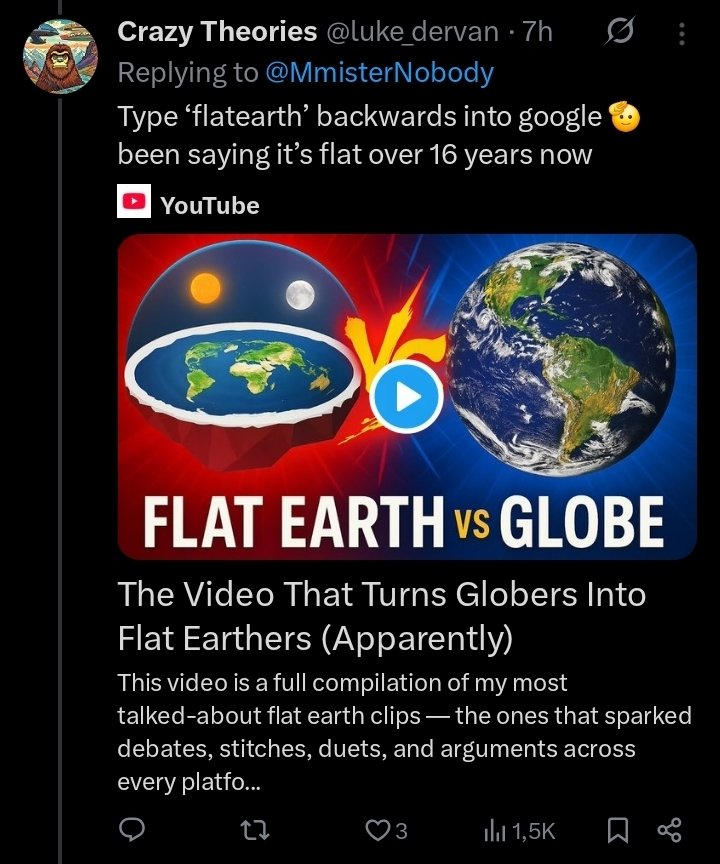 LostMyMirror's tweet photo. Flat earth is proof that a person can have access to maps, flights, satellites, photos, physics, and still decide:       “Nope. Frisbee.”

At some point, the problem is not lack of information.

It is a deep personal commitment to being silly. https://t.co/yUNid1rHng