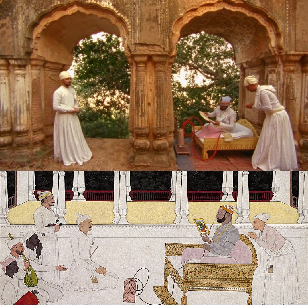 CraftCanvas's tweet photo. In 2015, Amit Dutta made a film called Nainsukh.
There is a scene where a king is being shaved. That is all that is happening. A barber. A blade. A king sitting still.
In almost every court painting tradition in India, kings are painted at war, at hunt, at court. Heroic, formal, monumental. Nainsukh, an 18th century painter from the Pahari tradition, painted his patron Balwant Singh being shaved. Waking up. Writing letters. Watching a thunderstorm.
The inane made art. The ordinary made permanent.
This is what made Nainsukh radical in his time and contemporary in ours. Restraint in a tradition that rewarded spectacle. Intimacy in a format built for grandeur. A peacock peeking from behind architecture in a  composition that could have been filled with ornamentation.
When we worked on the Museum of Meenakari Heritage in Jaipur, it was Nainsukh's approach that guided how we approached the problem. Traditional that is also contemporary. His quality of line, his relationship to architectural space, the way he used the edges of a composition to suggest a world continuing beyond the frame.
The way he documented a moment, photographing a point of time. 
That distinction matters more now than it did in the 18th century. We are drowning in heroic imagery, in narcissism at every corner. Everything is curated, everything is monumental, everything screaming importance.
Nainsukh painted a man lost in thought as he smokes a hookah. He made it poignant.
Watch Amit Dutta's film. Then look at the Pahari miniatures again. You will not see them the same way.

Photo courtesy: All images were sourced online.

P.S:  I hope to showcase the background work that goes into what we do. It is thoroughly academic, it borrows from other mediums and arts, and it is never linear. And while we are not one for showcasing the final work often, it is only because it pales in comparison to the richness of the process.