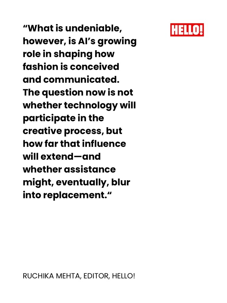 HELLOmagIndia's tweet image. For this week’s #EditorsTake, a series where our editor, Ruchika Mehta, answers one compelling question shaping the cultural zeitgeist—from fashion &amp;amp; lifestyle to food, Bollywood, high society, &amp;amp; travel—here’s what she has to say. #HELLOIndia #HELLOMagazine #AIFashion #FashionAI