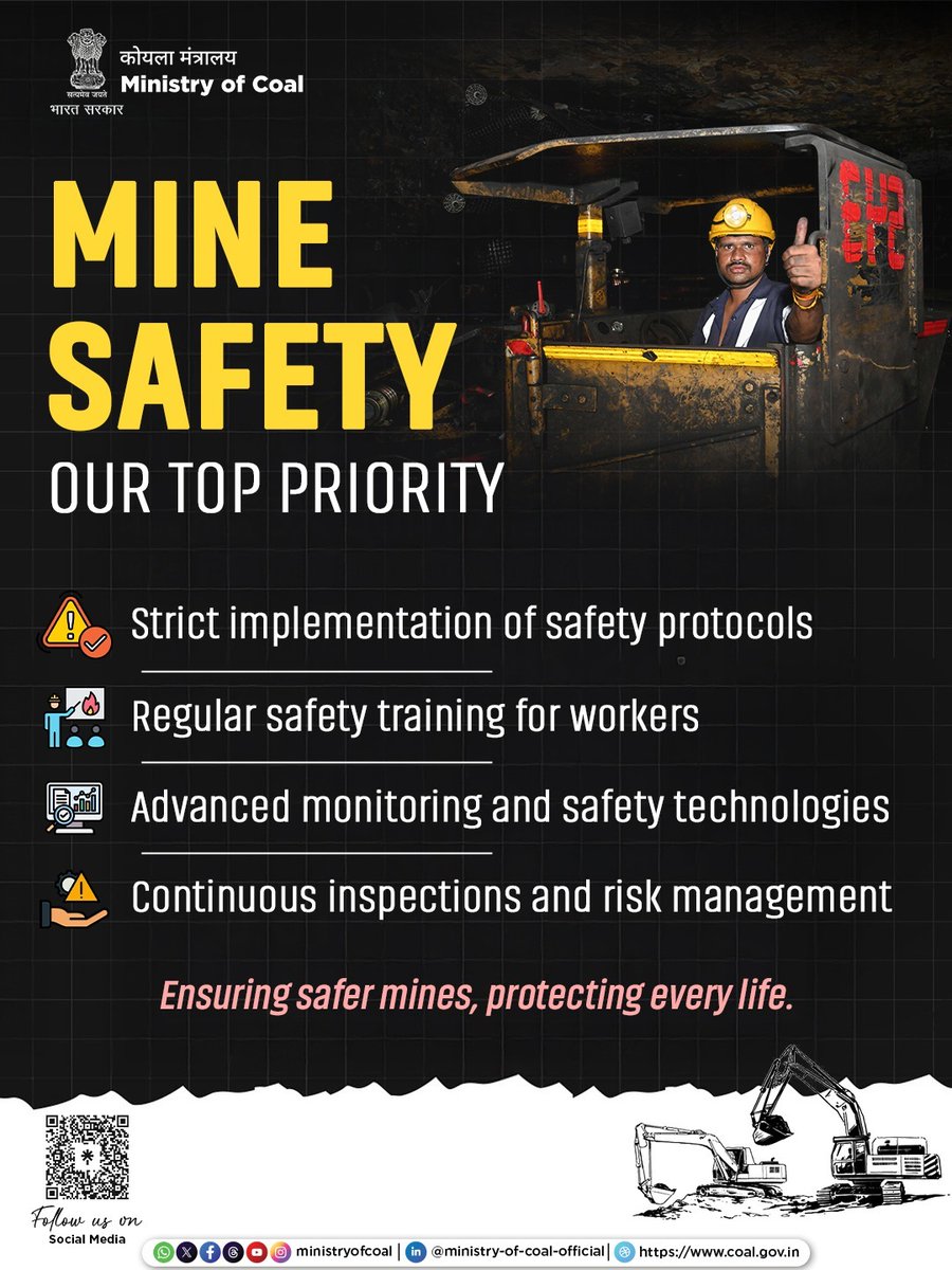 CoalMinistry's tweet image. Ensuring safety in coal mines remains a top priority. Through strict safety protocols, continuous monitoring, advanced technology, and regular training of the workforce, the coal sector is committed to creating a safe and secure working environment for every miner.