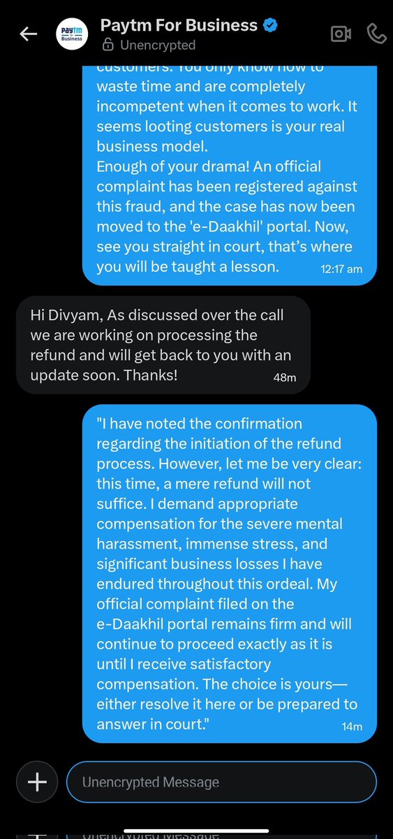 Divyam_006's tweet image. @vijayshekhar @PaytmCare

Refund confirmation is NOT a resolution. I demand compensation for mental harassment and business losses. This time, a mere refund will not suffice. My e-Daakhil complaint remains firm and will proceed as it is.

​#PaytmScam #ConsumerRights #eDaakhil
