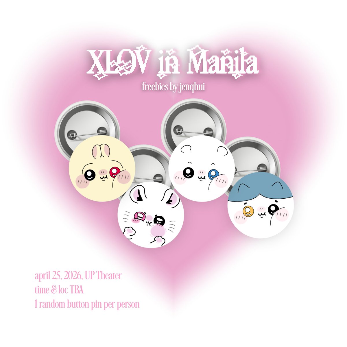 ꒰ঌ xlov in manila 2026 freebies ໒꒱

where r the jagiyas ~?

hi evols ! ill be giving away random xlov chiikawa button pins on d-day ★

♥︎ limited stocks!
♥︎ only on the spot trades

see u there :3

#XLOV #엑스러브 
#XLOVAsiaTour2026 #XLOVinManila