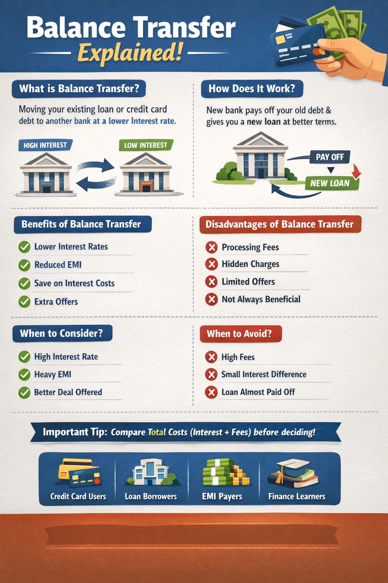 ryfinanceshorts's tweet image. Paying high interest on loans? 🤔
Balance Transfer can save you money 💸
—but only if used smartly. Not always a win ⚠️

#BalanceTransfer #FinanceTips #MoneySaving #PersonalFinance #CreditCardTips #LoanTips #SmartMoney #DebtFree #FinanceIndia