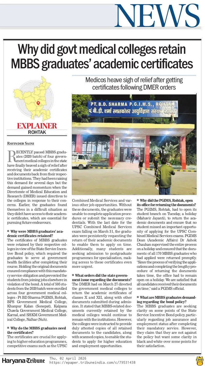 ravinderscribe's tweet photo. Why did govt medical colleges retain MBBS graduates’ academic certificates  
#Rohtak #Haryana #DMER #Health #NEET #PGIMS @thetribunechd @ArtiSinghRao 
https://t.co/2jmXUjIjny https://t.co/Q3a6jX9obd