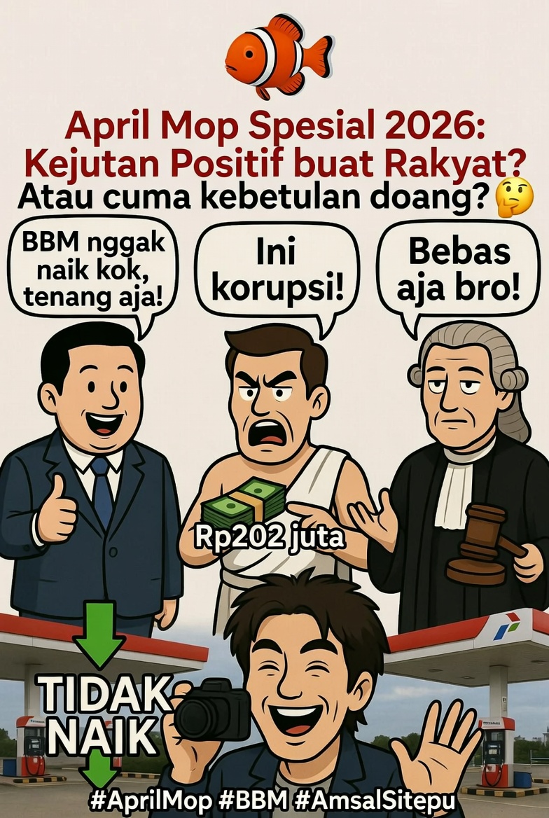 MinatoSoraAo's tweet photo. April Mop spesial 2026:
Pemerintah bilang 'BBM nggak naik kok tenang aja'.
Kejaksaan Karo juga bilang 'ini korupsi' tapi hakim bilang 'bebas aja bro'. Mungkin tahun ini tema April Mop-nya 'Kejutan Positif' buat rakyat?
Atau cuma kebetulan doang? 🤔
#AprilMop #BBM #AmsalSitepu https://t.co/MuE1ypo0ch
