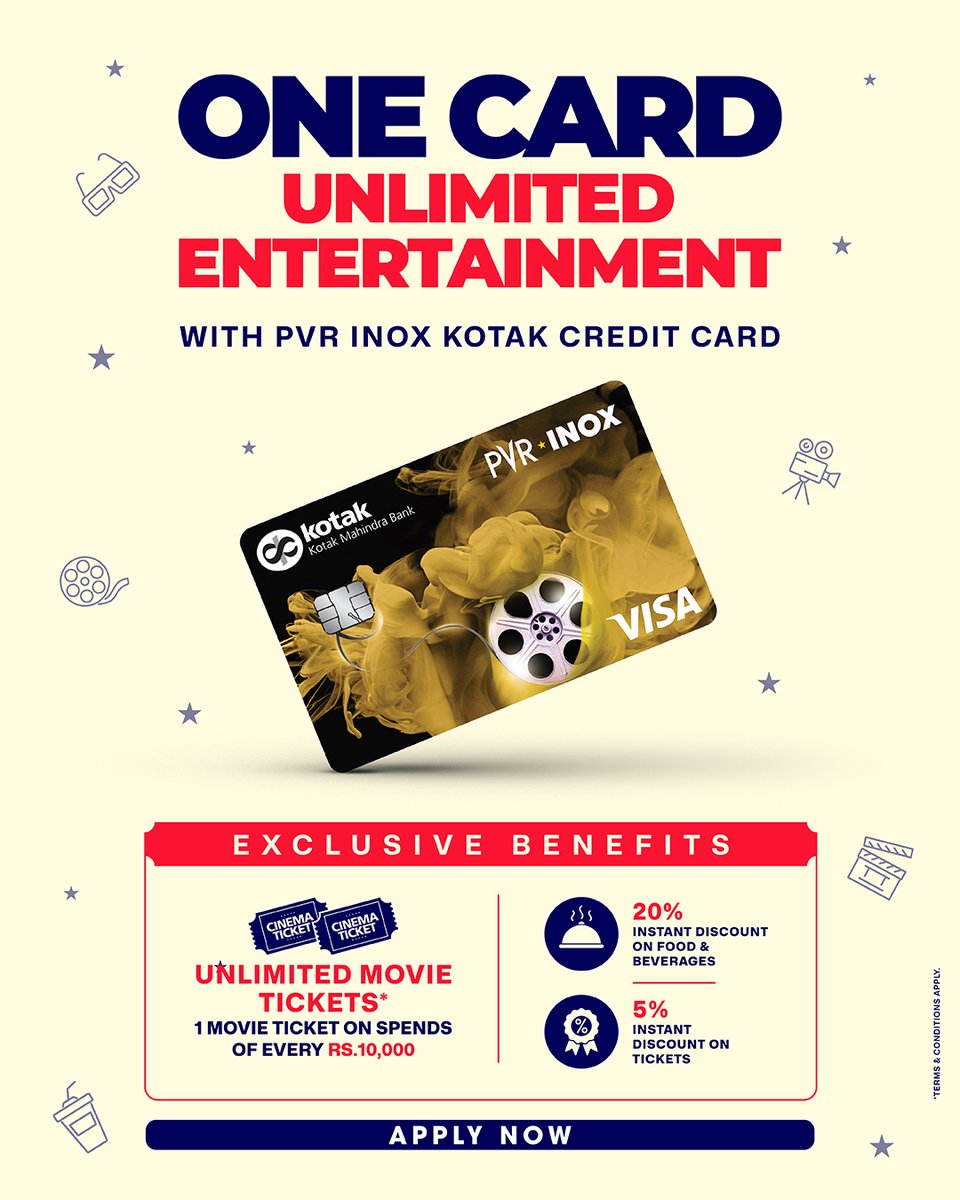 _PVRCinemas's tweet image. Unlimited movies. Incredible perks. 🍿✨
With the PVR INOX Kotak Credit Card, enjoy unlimited tickets, 20% off F&amp;amp;B, and 5% off movies!

Get yours now: preprodweb.pvrinox.com/kotak-cards
.
.
.
#PVRINOXKotakCreditCard #Savings #Discount #Deal