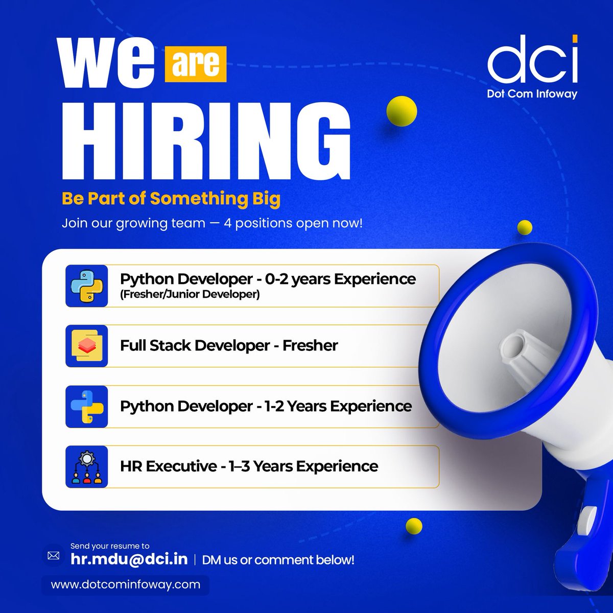 dotcominfoway's tweet image. We’re growing, and DCI is hiring! 

Python Developers, Full Stack Freshers, and HR Executives — this could be your next opportunity.

Send your resume to hr.mdu@dci.in
Tag the right person below 👇

#Hiring #DotComInfoway #TechJobs #Careers
