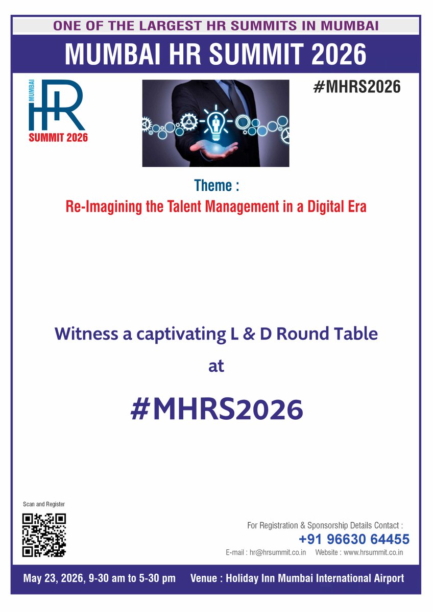 Witness a thought provoking L &amp; D Round Table on Innovative Trends in L &amp; D, at the Mumbai HR Summit 2026 to be held on May 23, 2026.
To Register Online Visit hrsummit.co.in,
#MHRS2026, #Mumbai, #HR, #Summit, #Talent #Management, #People
#HRLeader, #CHRO, #HRDirector,