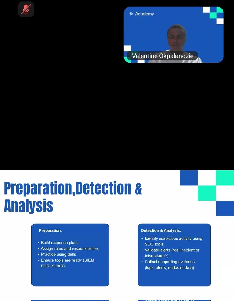 Yesterday, I had an introductory class on incident response(IR) and learnt bout the phases invovled..

Preparation
Containment
Communication &amp; Escalation 
Lessons learned 

#SOC #Cybersecurity #LearningwithTS