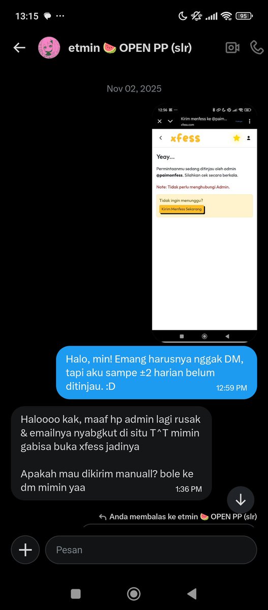 naputika's tweet photo. @Paimonfess2 Semoga pake bukti chat ini bisa min https://t.co/yZvP92IgQi